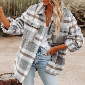 Women's Plaid Jacket Shacket - Gray and Brown - Thick and Warm Fabric